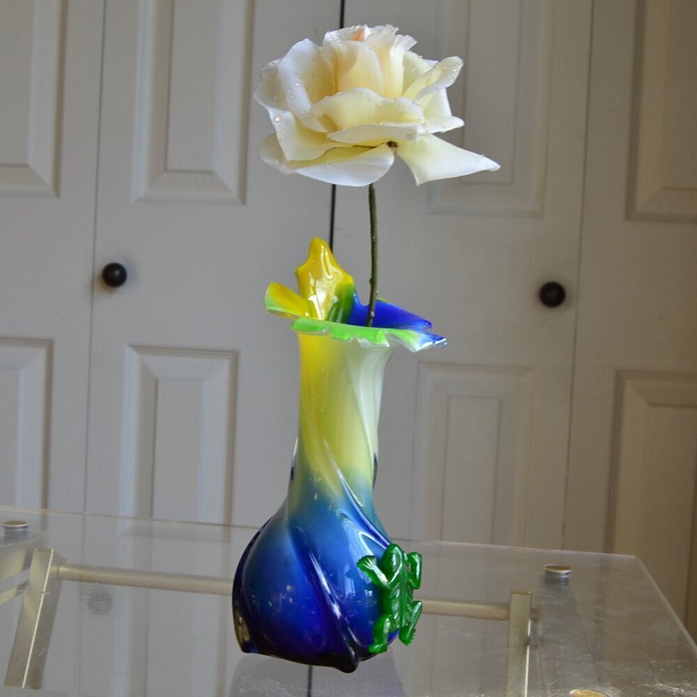Vintage Murano Art Glass Jack In The Pulpit Yellow Blue Teal Ribbed Vase Frog